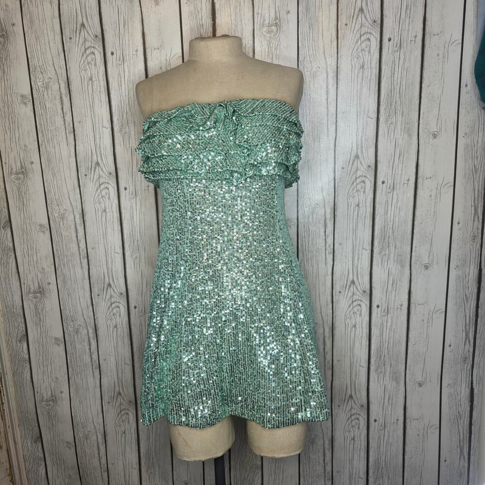 Free People Teal Green Sequin Strapless Mini Dress Ruffle Zipper Back Size 0